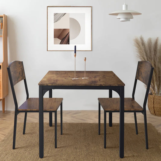 ADOUER WOOD "Industrial 2-Person Dining Table Set with Natural Honey Wood Finish Top and Black Metal Base"