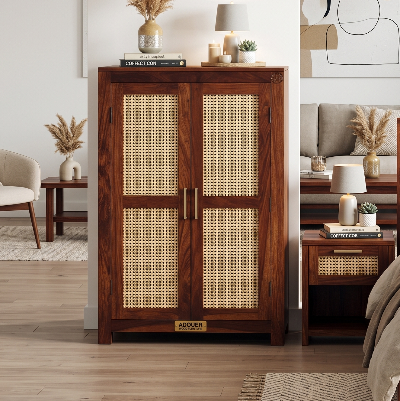 Natural Rattan Cane-Mesh Solid Wood Wardrobe Cabinet