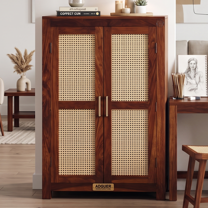 Natural Rattan Cane-Mesh Solid Wood Wardrobe Cabinet