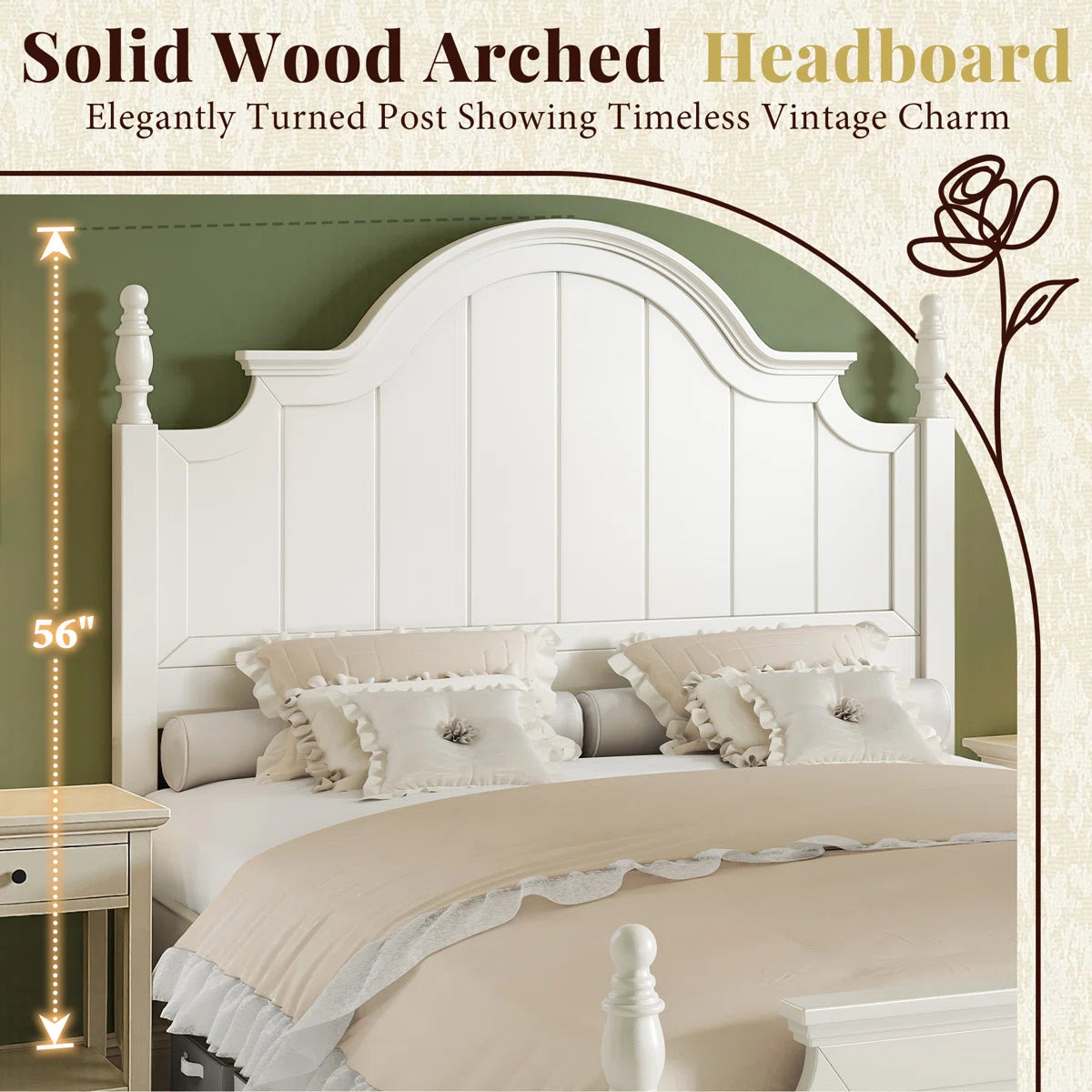 Adouer Wood "Vintage White Luxury Wooden Bed with Intricate Headboard Design – Classic Bedroom Furniture"