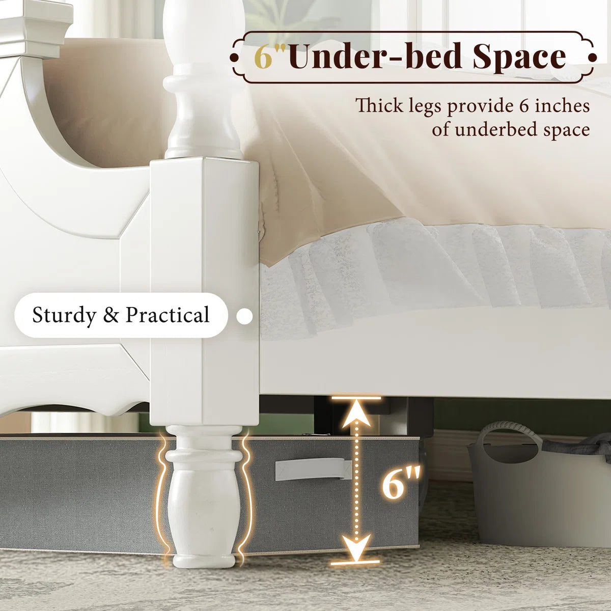 Adouer Wood "Vintage White Luxury Wooden Bed with Intricate Headboard Design – Classic Bedroom Furniture"