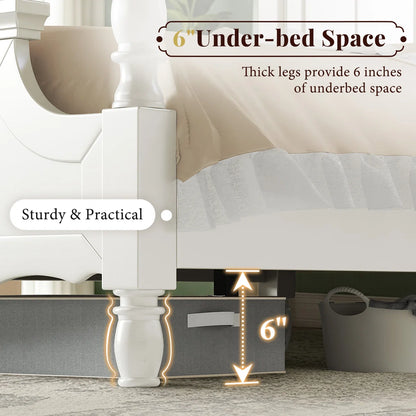 Adouer Wood "Vintage White Luxury Wooden Bed with Intricate Headboard Design – Classic Bedroom Furniture"