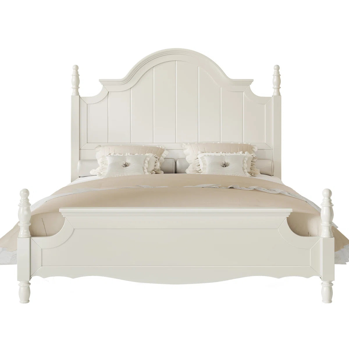 Adouer Wood "Vintage White Luxury Wooden Bed with Intricate Headboard Design – Classic Bedroom Furniture"