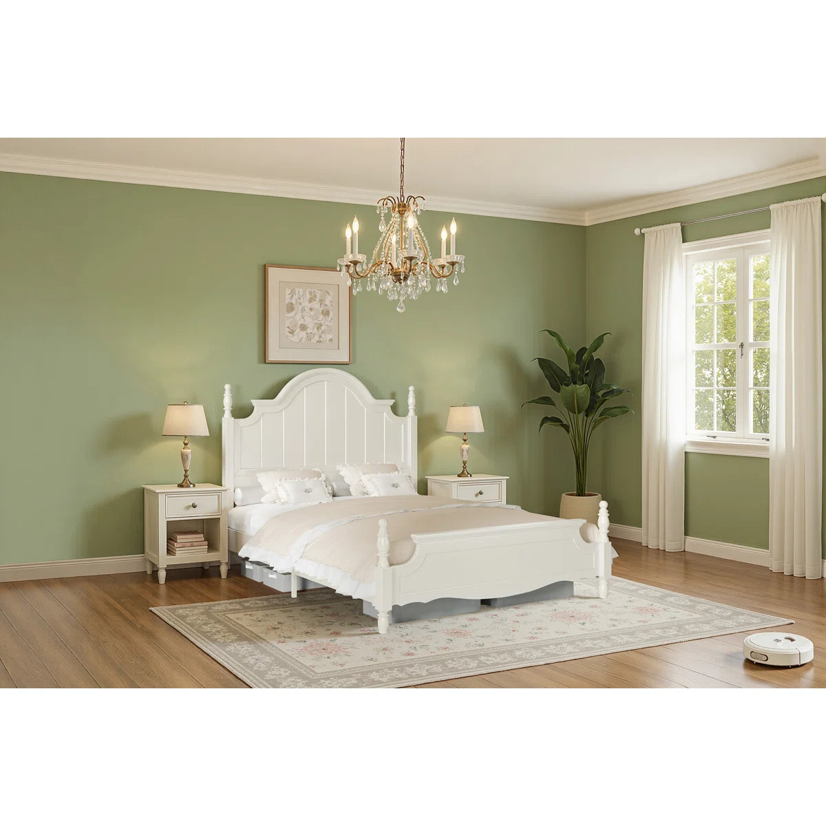 Adouer Wood "Vintage White Luxury Wooden Bed with Intricate Headboard Design – Classic Bedroom Furniture"