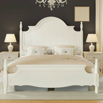 Adouer Wood "Vintage White Luxury Wooden Bed with Intricate Headboard Design – Classic Bedroom Furniture"