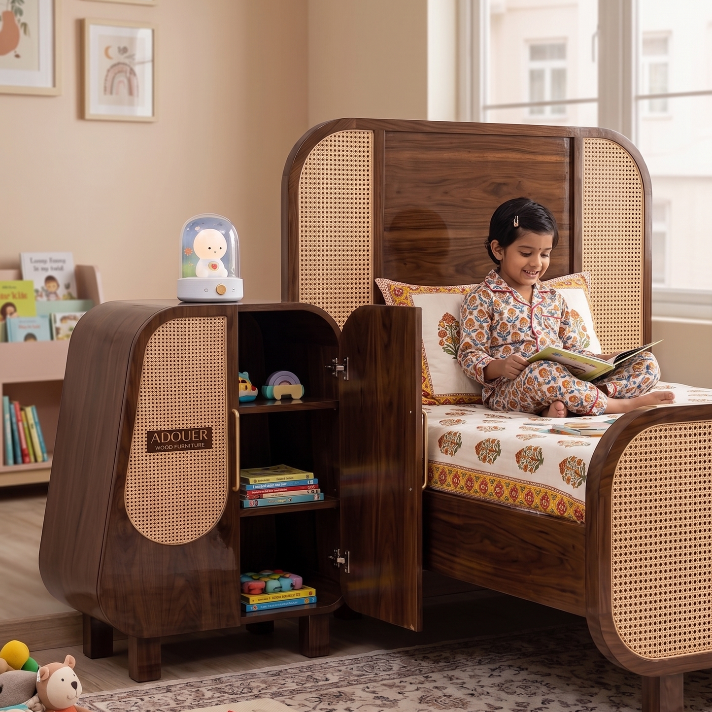Mid-Century Modern Kids Bedside Table | Solid Wood Nightstand with Rattan Door Accent