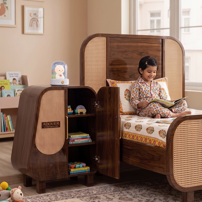 Mid-Century Modern Kids Bedside Table | Solid Wood Nightstand with Rattan Door Accent