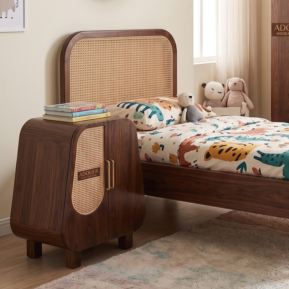 Mid-Century Modern Kids Bedside Table | Solid Wood Nightstand with Rattan Door Accent