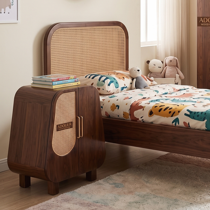 Mid-Century Modern Kids Bedside Table | Solid Wood Nightstand with Rattan Door Accent