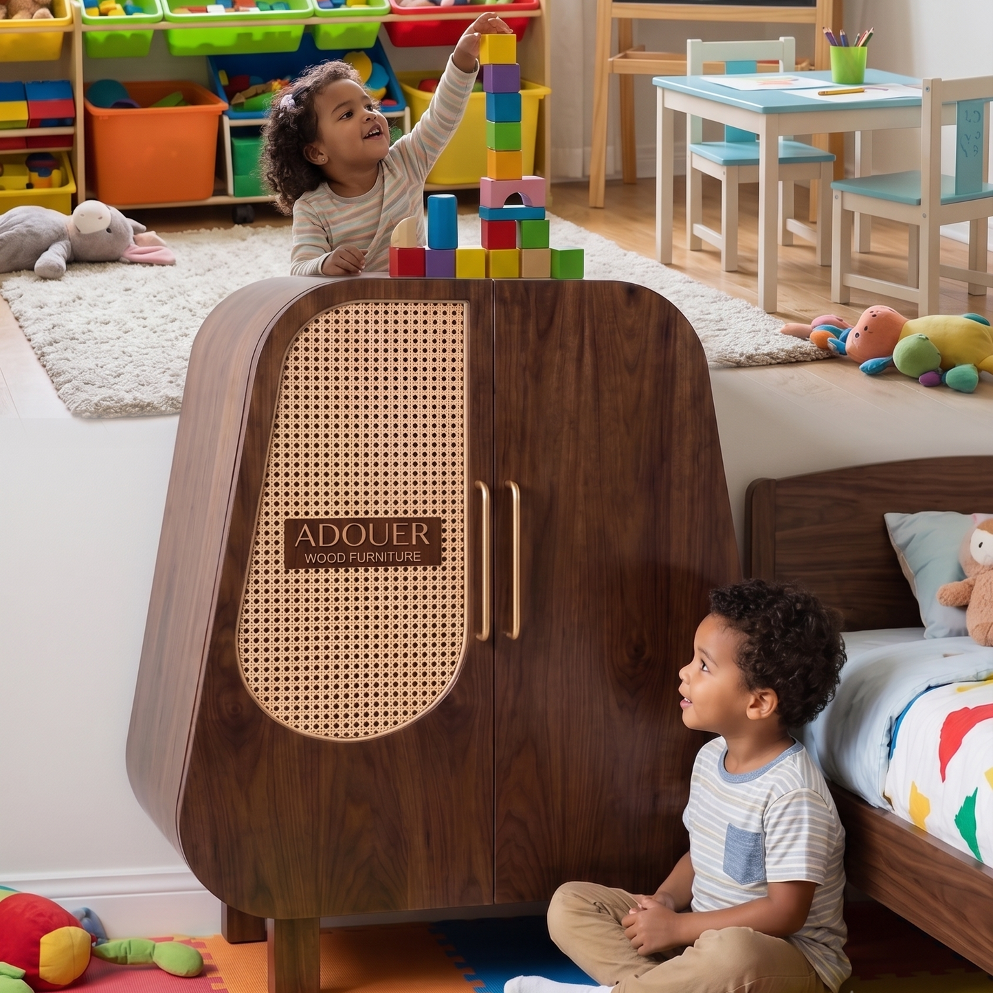 Mid-Century Modern Kids Bedside Table | Solid Wood Nightstand with Rattan Door Accent