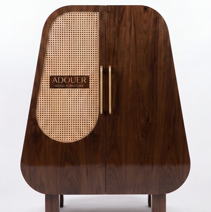 Mid-Century Modern Kids Bedside Table | Solid Wood Nightstand with Rattan Door Accent