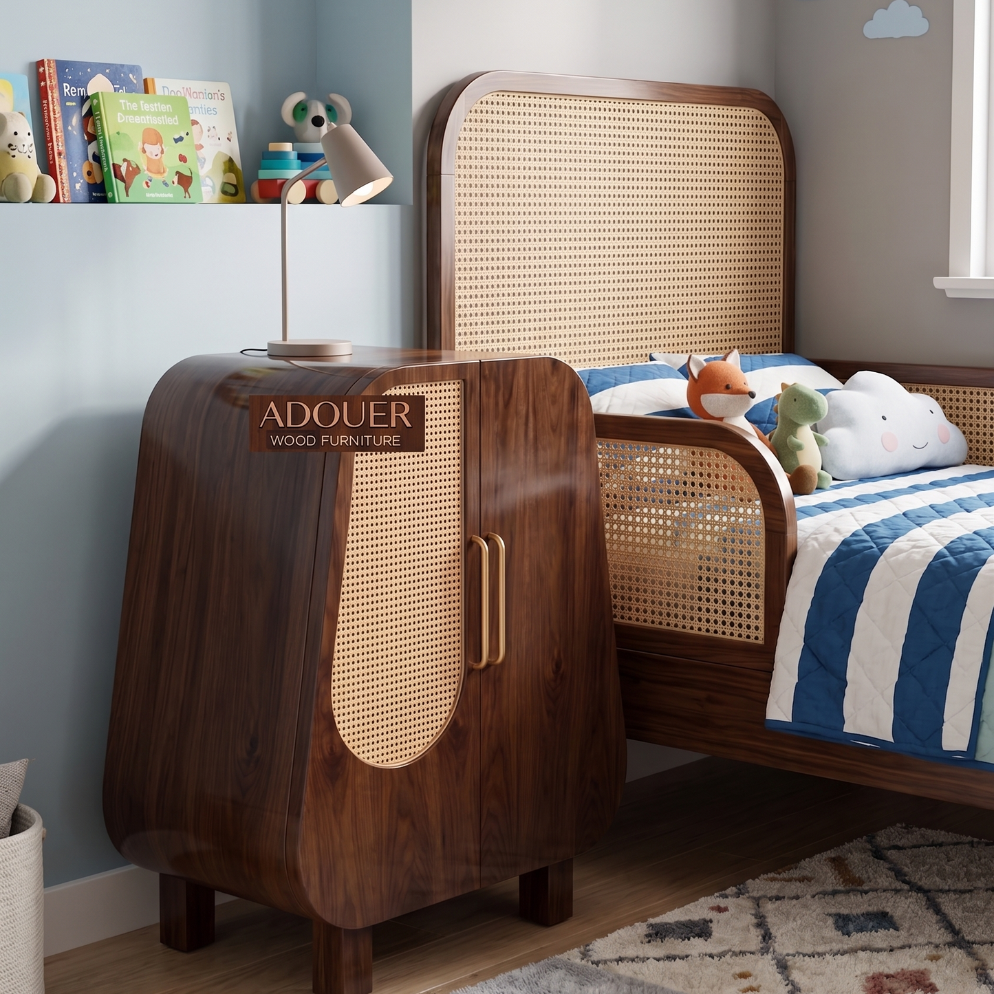 Mid-Century Modern Kids Bedside Table | Solid Wood Nightstand with Rattan Door Accent
