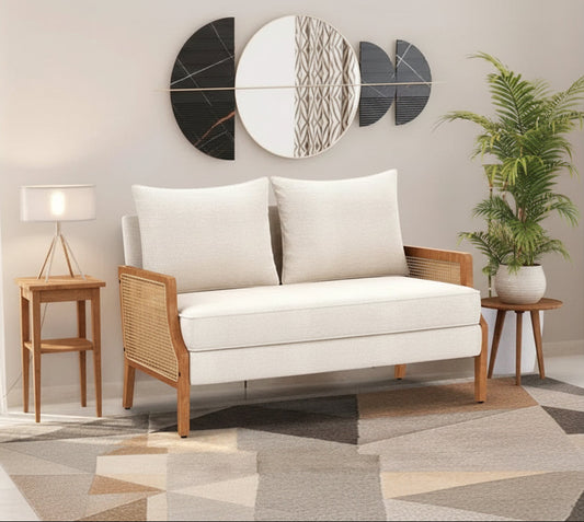 ADOUER WOOD Upholstered 2 Seater Loveseat Premium Cane Sofa