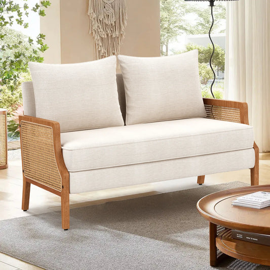 ADOUER WOOD Upholstered Loveseat Premium Cane Sofa