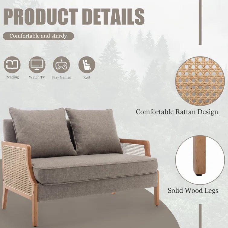 ADOUER WOOD Upholstered 2 Seater Loveseat Premium Cane Sofa