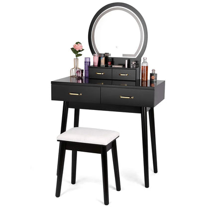 ADOUER WOOD "Modern White Vanity Dressing Table with LED Mirror and Stool - 4 Drawers and Gold Handles"