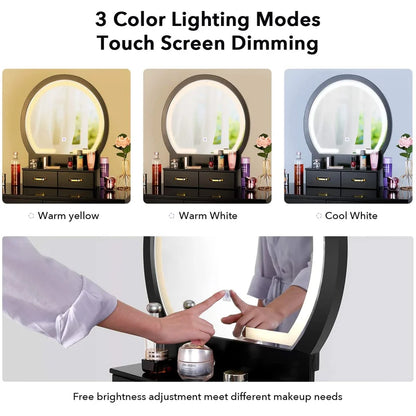 ADOUER WOOD "Modern White Vanity Dressing Table with LED Mirror and Stool - 4 Drawers and Gold Handles"