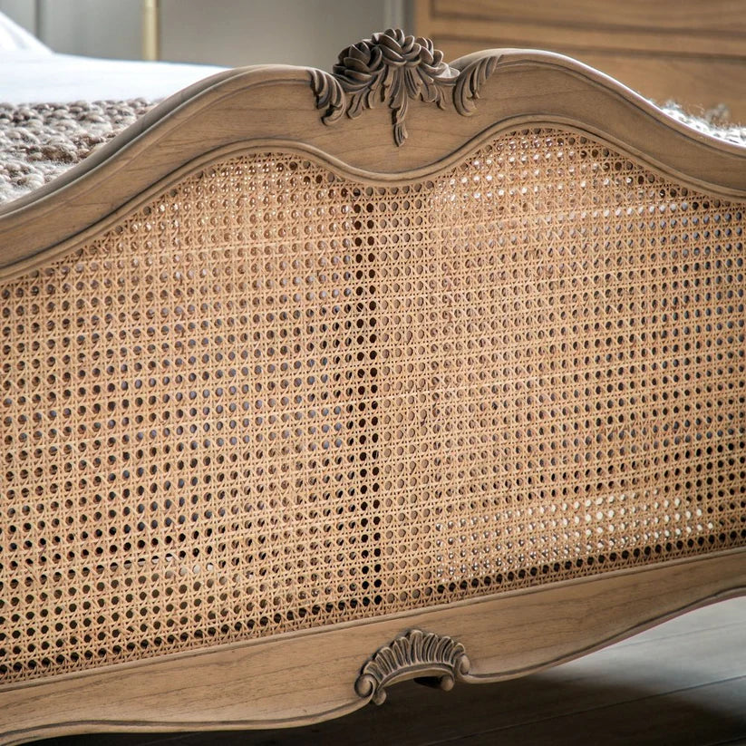 Adouer Wood Hand Carved Natural French Vintage Rattan Bed