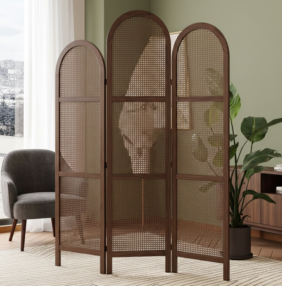 ADOUER WOOD Handcrafted Arched 3-Panel Room Divider with Natural Cane Webbing