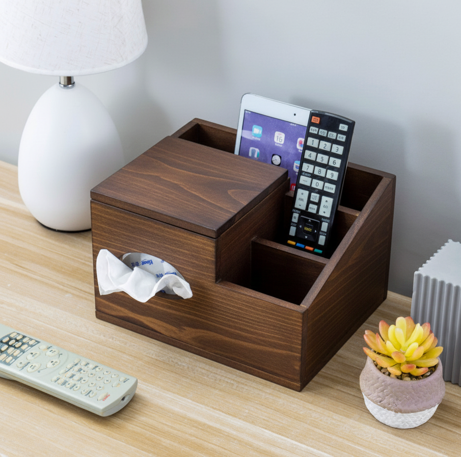 ADOUER WOOD Solid Wood Tissue Box Cover & Desk Organizer - Multi-Functional Remote Control Holder and Media Caddy