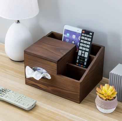 ADOUER WOOD Solid Wood Tissue Box Cover & Desk Organizer - Multi-Functional Remote Control Holder and Media Caddy