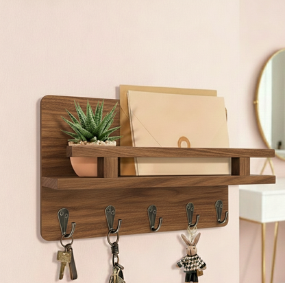 Acacia Wood Floating Shelf & Key Holder for Home Office and Hallway