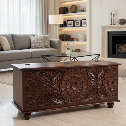 ADOUER WOOD Hand-Carved Solid Wood Storage Accent Trunk with  Floral Mandalas