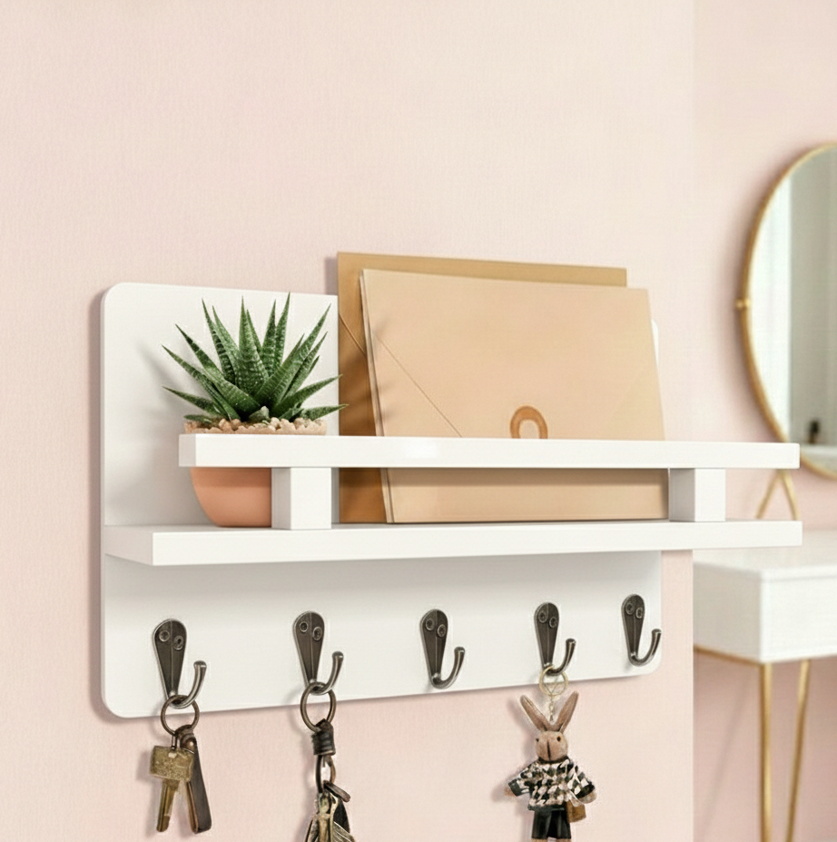 Acacia Wood Floating Shelf & Key Holder for Home Office and Hallway