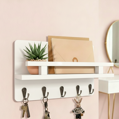 Acacia Wood Floating Shelf & Key Holder for Home Office and Hallway
