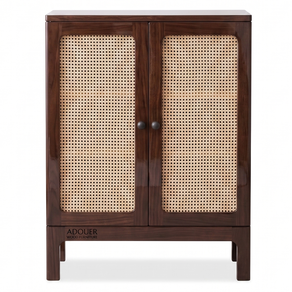 ADOUER WOOD Natural Wood & Cane Rattan 2-Door Storage Cabinet with Black Knobs