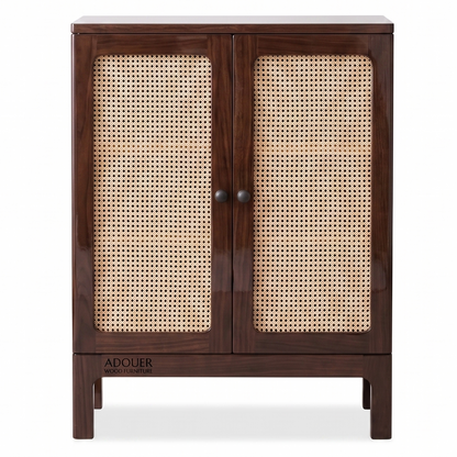 ADOUER WOOD Natural Wood & Cane Rattan 2-Door Storage Cabinet with Black Knobs