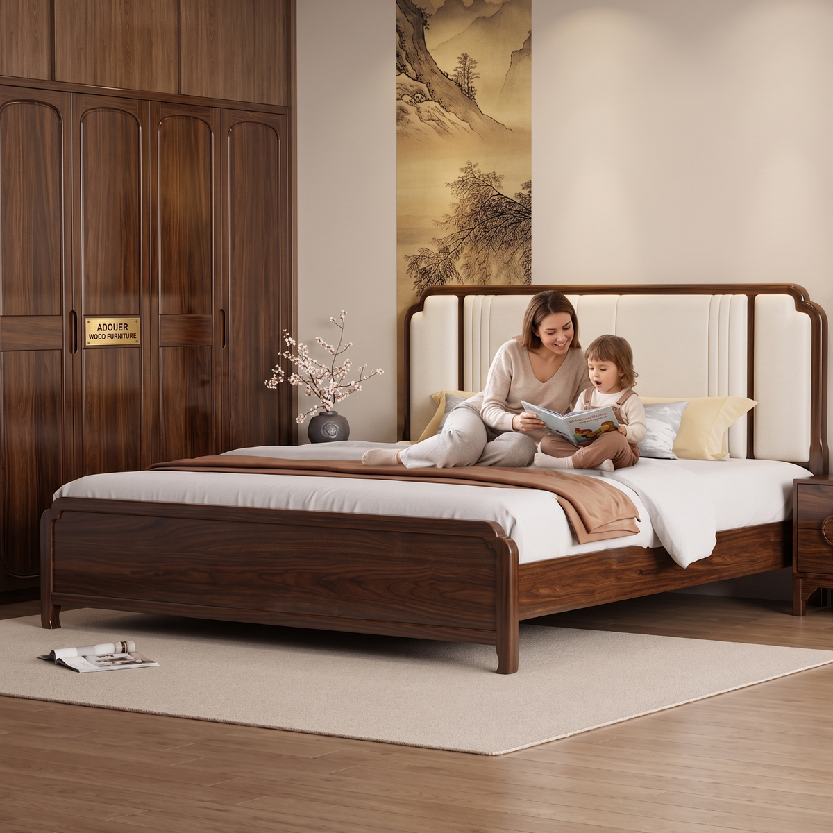 ADOUER WOOD Japandi Walnut Finish Wooden Bed Frame with Off-White Padded Headboard