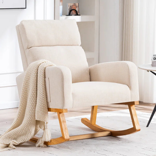 ADOUER WOOD Solid Acacia Wood Frame Upholstered Rocking Chair For Home & Office