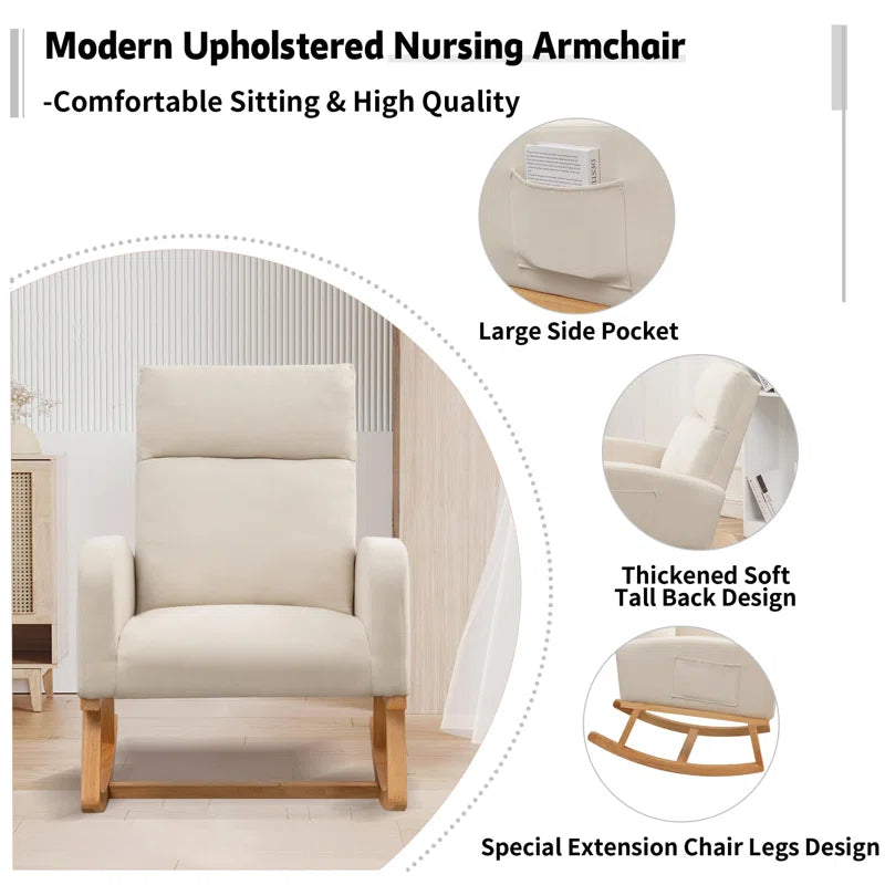 ADOUER WOOD Solid Acacia Wood Frame Upholstered Rocking Chair For