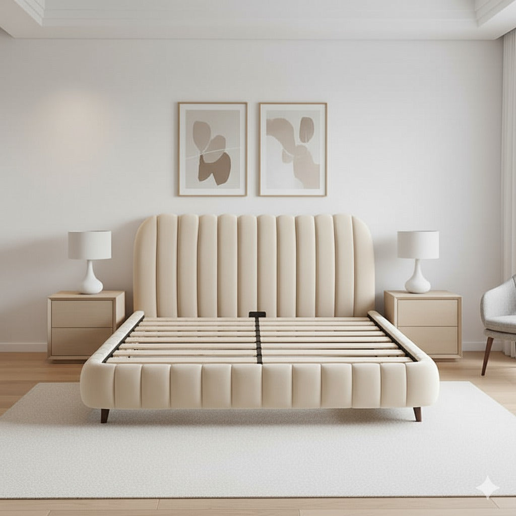 ADOUER WOOD "Luxurious Velvet Upholstered Bed with Channel Tufted Headboard and Footboard"