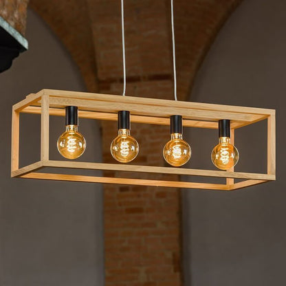 ADOUER WOOD Solid Wood Rectangular Pendant Light with 4 Edison Bulbs