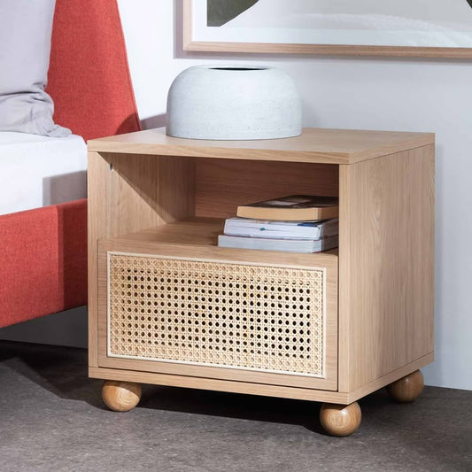ADOUER WOOD Mid-Century Modern Rattan Bedside Table with Ball Feet