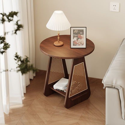 ADOUER WOOD Modern Round Wood Side Table with Rattan Inlay