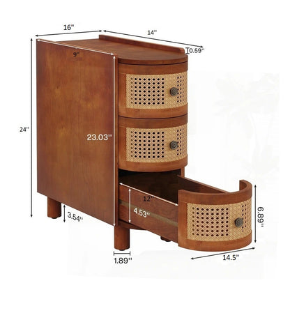ADOUER WOOD Mid-Century Modern Round Cane Bedside Table - 3-Drawer Wood Nightstand with Rattan Detail