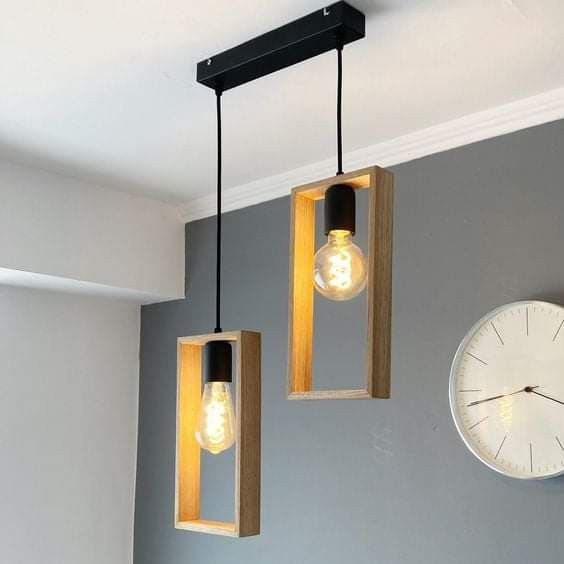 ADOUER WOOD Nordic Style Double Pendant Light Solid Wood Rectangular Frames ( SET OF 2 PCS.)
