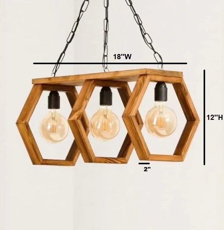 ADOUER WOOD 3-Light Hexagon Wooden Chandelier, Industrial Hanging Pendant Light for Dining Room & Kitchen Island