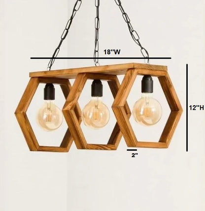 ADOUER WOOD 3-Light Hexagon Wooden Chandelier, Industrial Hanging Pendant Light for Dining Room & Kitchen Island