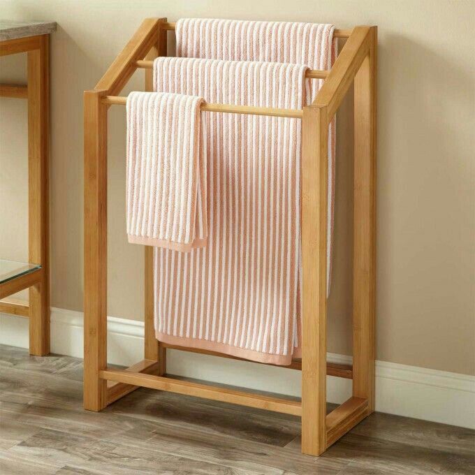 ADOUER WOOD 3-Tier Freestanding Towel Rack - Modern Wood Bathroom Floor Stand with Drying Rails for Bath Towels, Hand Towels & Washcloths