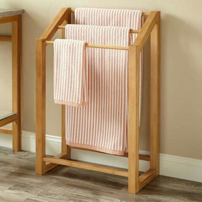 ADOUER WOOD 3-Tier Freestanding Towel Rack - Modern Wood Bathroom Floor Stand with Drying Rails for Bath Towels, Hand Towels & Washcloths