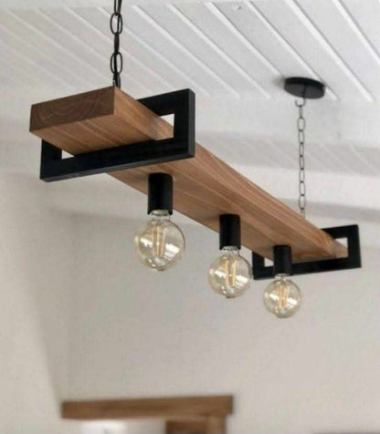 ADOUER WOOD Handcrafted Wood Beam Chandelier – Industrial Linear Pendant Light with Edison Bulbs