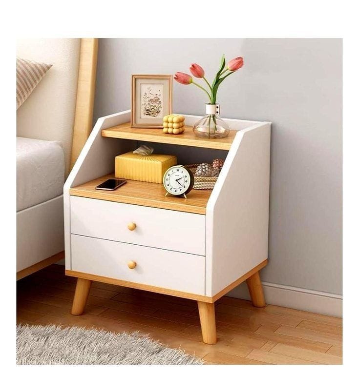 ADOUER WOOD Modern Acacia Wood Bedside Table with Open Drawers and Metal Channels