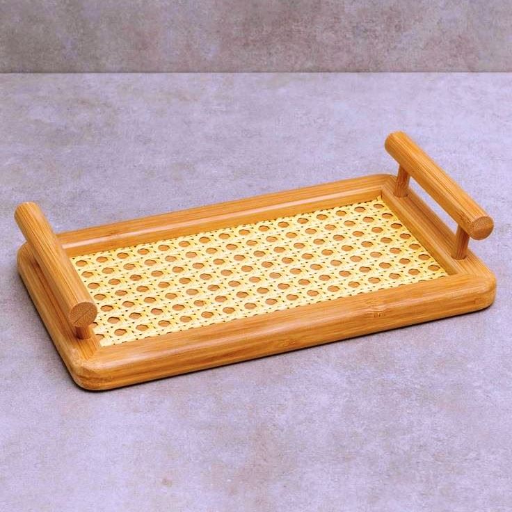 ADOUER WOOD Handcrafted Serving Tray with Natural Rattan Inlay and Dual Handles