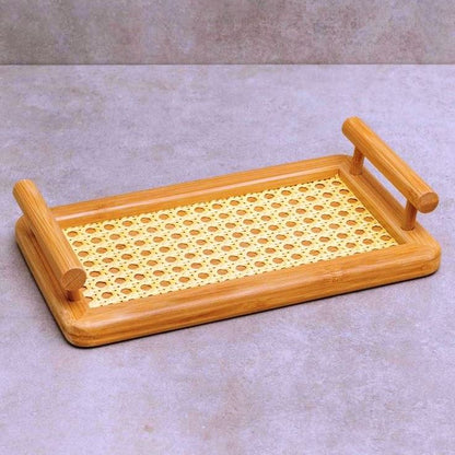 ADOUER WOOD Handcrafted Serving Tray with Natural Rattan Inlay and Dual Handles