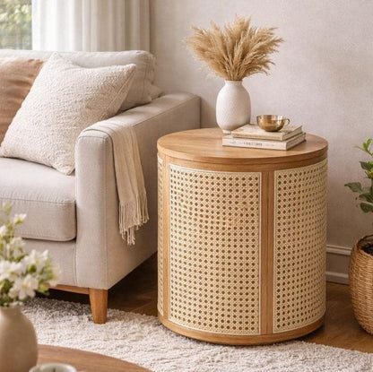 ADOUER WOOD Round Rattan Cane Side Table - Boho Drum End Table with Natural Wood Finish