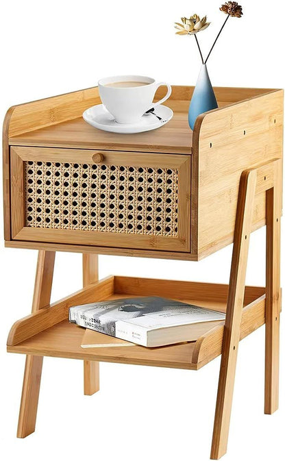 ADOUER WOOD Modern Nightstand & Bedside Table with Rattan Drawer & Open Storage Shelf